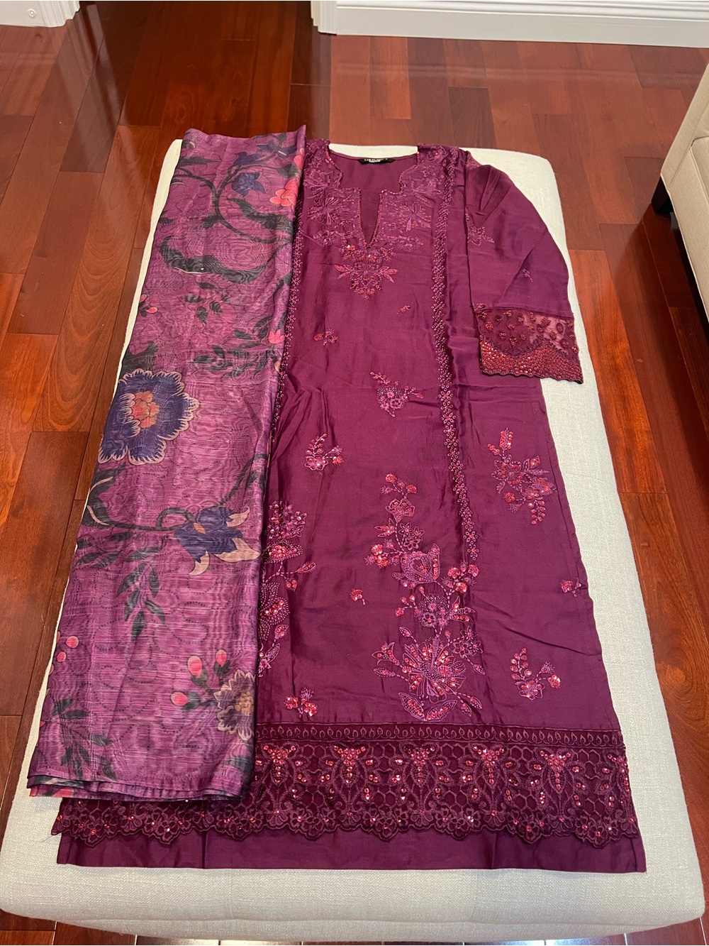 3 Piece Satin Suit- Embroidered - Picture 2 of 3